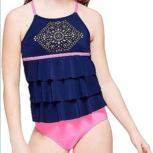 Navy blue and pink two piece tankini set, size 16